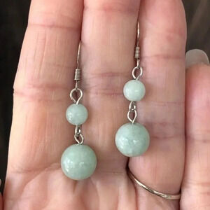 Cyan Jade Green 10mm & 6mm Double Bead Silver Drop Earrings NWT
